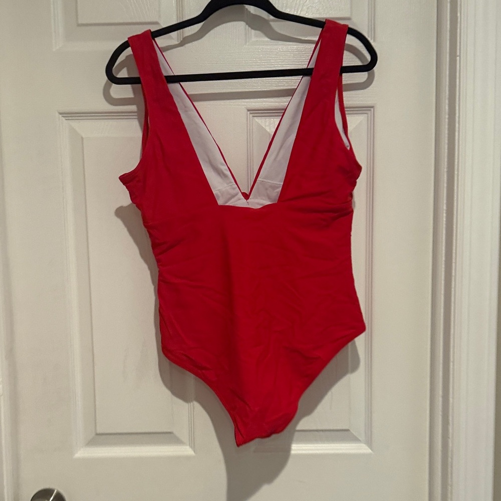 Red Floral Accent Plunge One-Piece Swimsuit & Matching Maxi Skirt Set - Picture 6 of 15